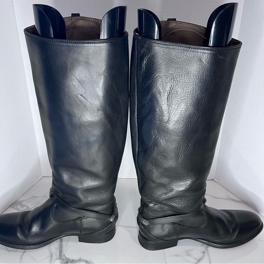 Frye Lindsay Plate Tall Boots Black Leather Size 7 Classic Moto Equestrian - Picture 5 of 10